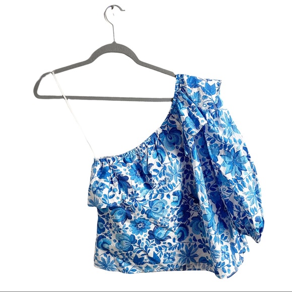 M.D.S. Stripes One Shoulder Floral Top Size 2 Blue Cotton Mark D Sykes - Picture 2 of 4